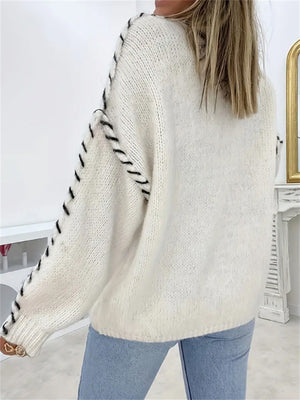 Women's Simple Contrast Trim Round Neck Drop Shoulder Sweater