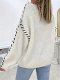 Women's Simple Contrast Trim Round Neck Drop Shoulder Sweater