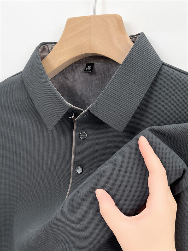 Men's Simple Fleece-lined Solid Color Long Sleeve Polo Shirts