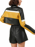 Women's Faux Leather Contrast Color Crop Motorcycle Coat