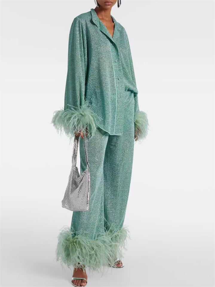 Women's 2pcs Casual Solid Color Stand Collar Shirt & Pants Set