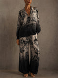 Womens Toile Print Wide Leg Flowy Two Piece Lounge Set