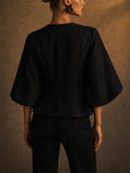 Women Faux Emerald Jewel Button Puff Sleeve Peplum Top