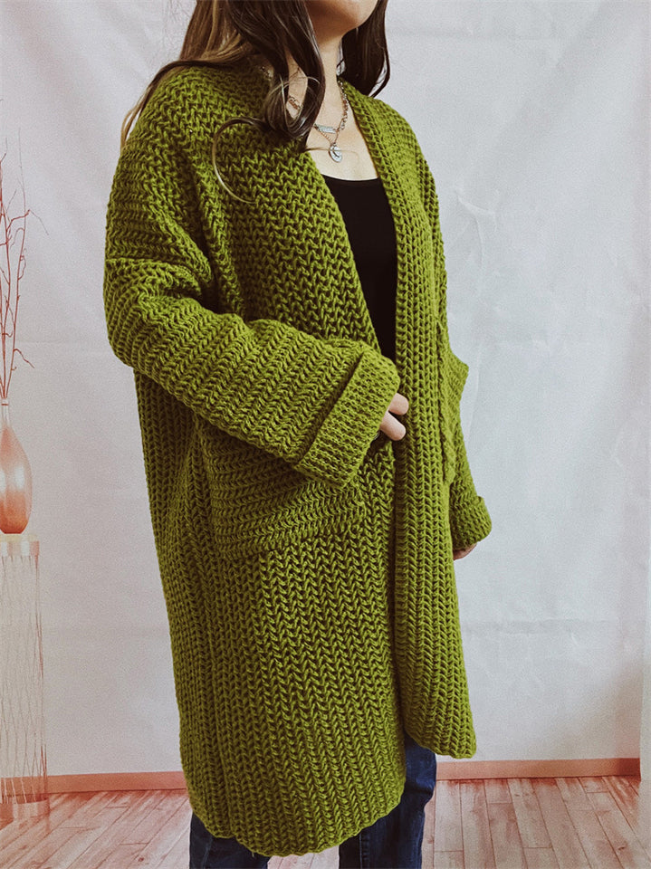 Women's Solid Color Pockets Knee Length Long Cardigan Sweater