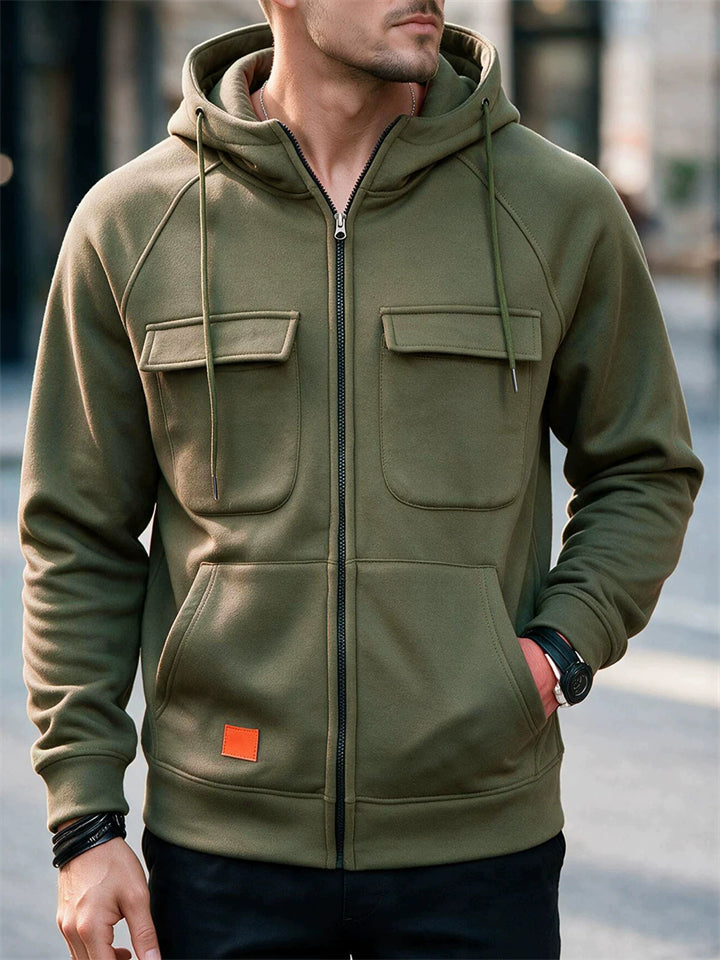 Men Zip Up Multi Pocket Casual Sweatshirt Hoodie Jacket