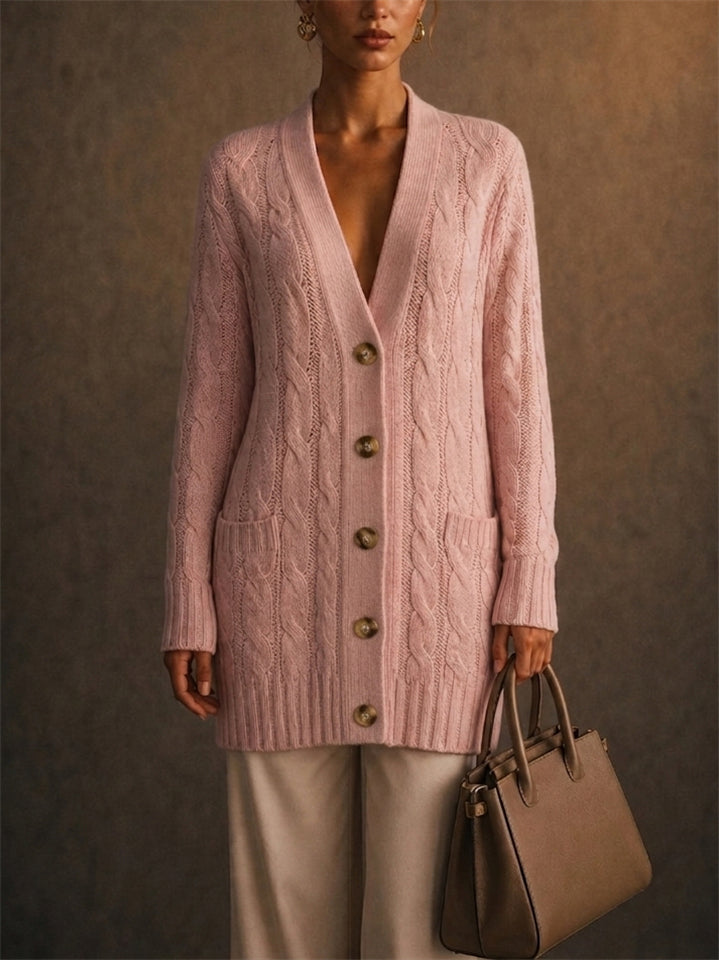 Women Long Cable Knit Button Down Cardigan Sweater with Pockets