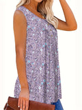 Plus Size Women's Summer Floral Printed Round Neck Sleeveless Shirts