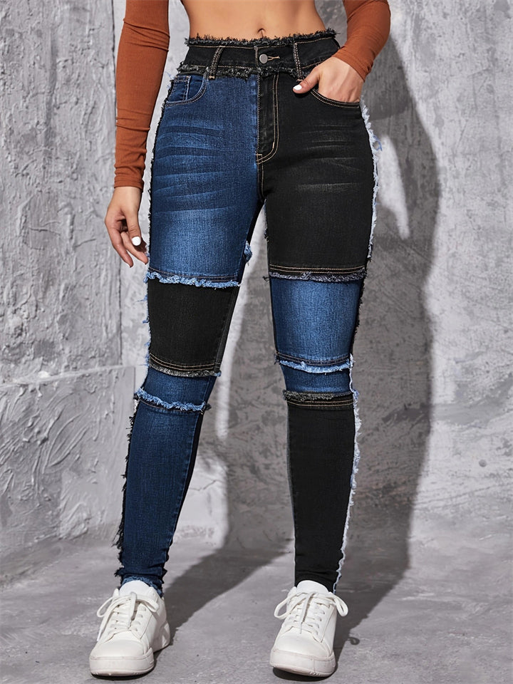 Vogue Skinny Contrast Color Splicing Jeans for Women