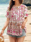 Women's Casual Holiday Style Print V Neck Short Sleeve Shirts