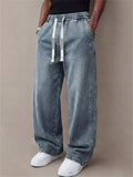 Men's High Street Stylish Washed Straight-Leg Loose Fit Drawstring Denim Pants