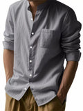 Men's Holiday Style Solid Color Stand Collar Long Sleeve Beach Shirts