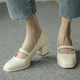 Vintage Square Toe Pearl Chunky Heels Mary Jane Shoes