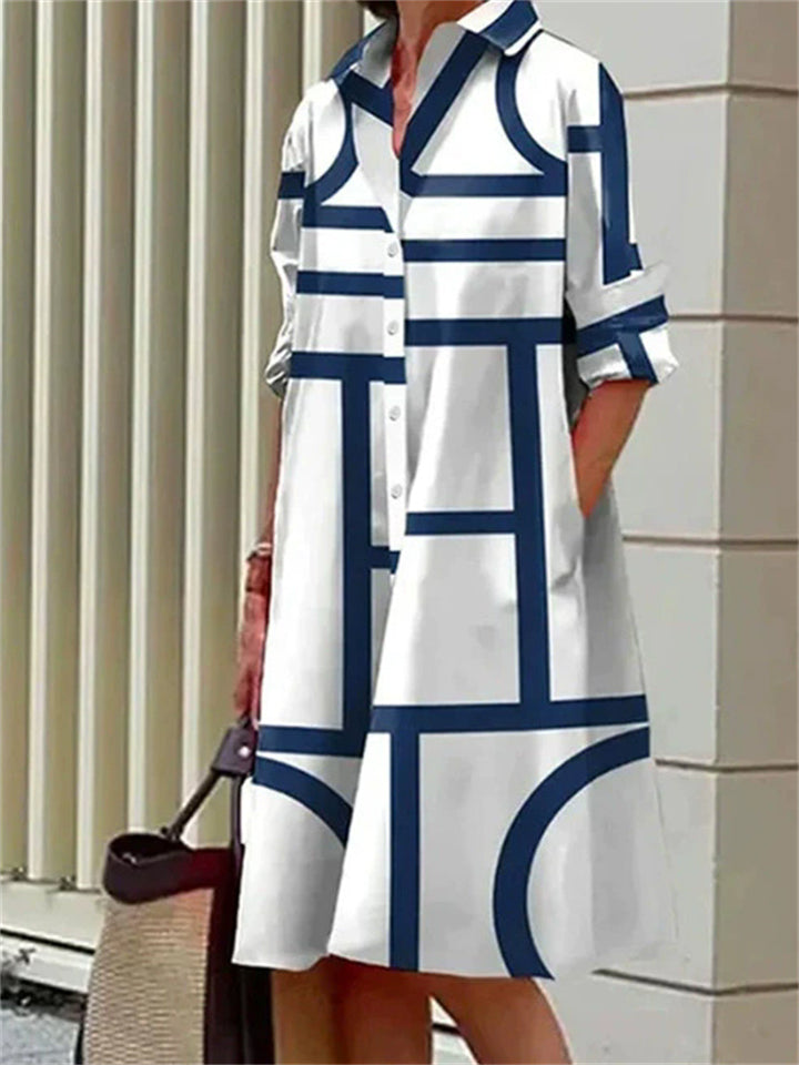 Women's Geometric Strip Printed Button Up Long Sleeve Knee Length Shirt Dress