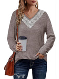 Women's Elegant White Lace V Neck  Solid Color Long Sleeve Shirt