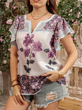 Plus Size Women's Retro Summer Floral Print V Neck Short Sleeve Shirt