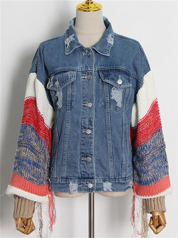 Trendy Contrast Color Knitted Sleeve Denim Patchwork Jacket for Women