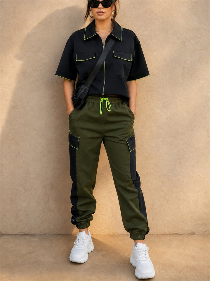 Women Cargo Zip Up Short Sleeve Shirt and Jogger Pants Set