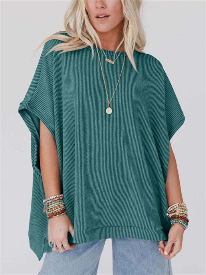 Women's Summer Solid Color Stripe BatWing Sleeve T-Shirt