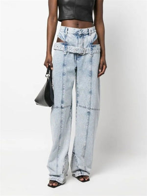 Ladies Hollow Out High-rise Wide Leg Jeans
