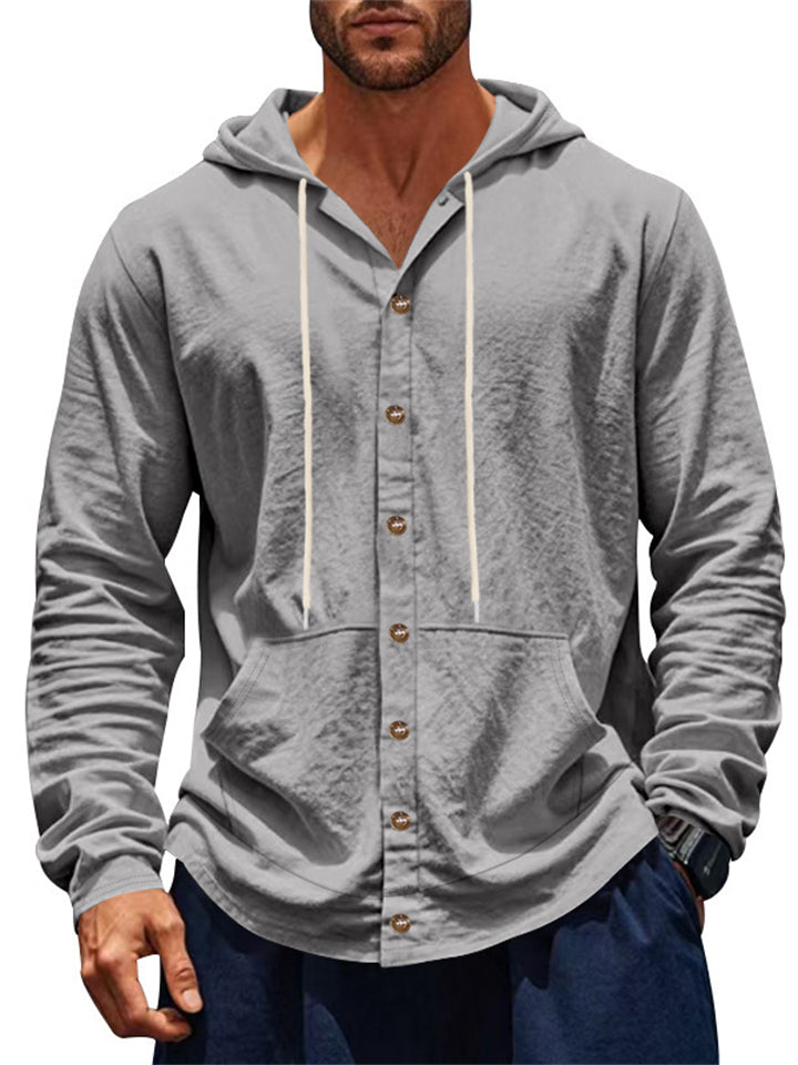 Men's Causal Linen Solid Color Button Up Hooded Shirts