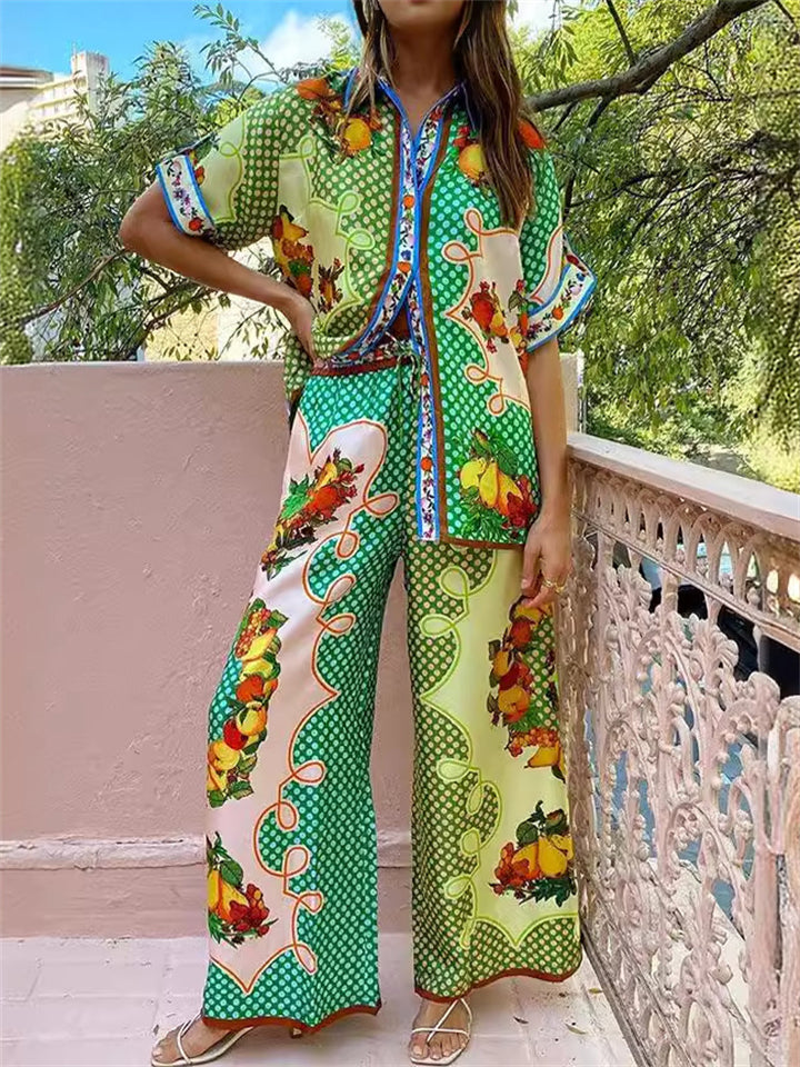 Women's 2pcs Casual Fruits Print Long Sleeve Satin Top & Pants Set