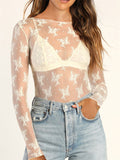 Women's Sheer Lace Mesh Long Sleeve Sabrina Neck Shirts