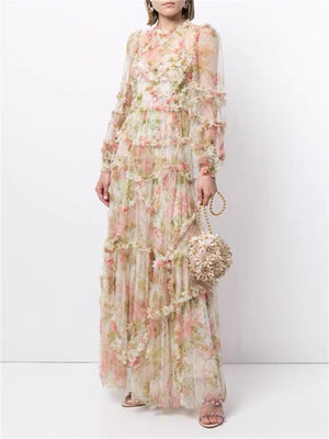Elegant Mesh Puff Sleeve Flowy Flower Print Dress for Women