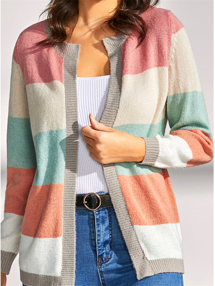 Women's Contrast Color Button Up Round Neck Cardigan Sweater