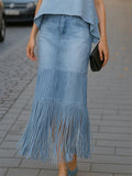 Women's Summer 2Pcs Stylish Blue  Asymmetrical Denim Top & Fringed Skirt Set