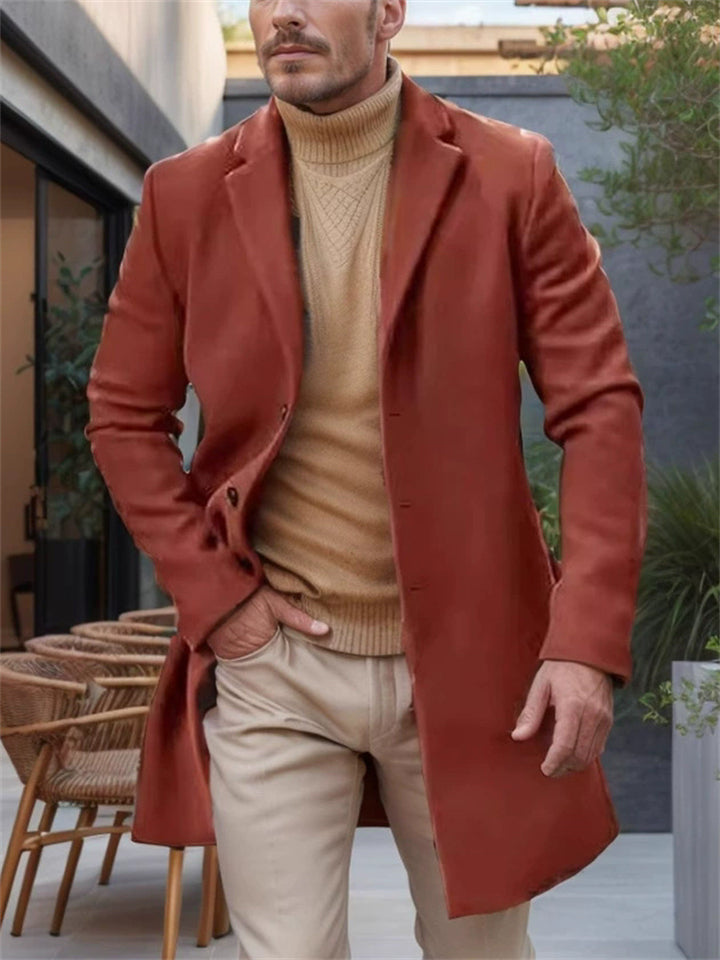 Male's Solid Color Single Breasted Lapel Button Up Mid-Length Coat