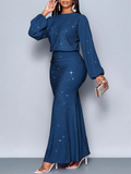 Women's Elegant Glitter Long Sleeve Pleated Fishtail Maxi Evening Dresses