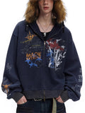 Unisex Street Hip Hop Loose Printed Zip Up Hooded Sweatshirts
