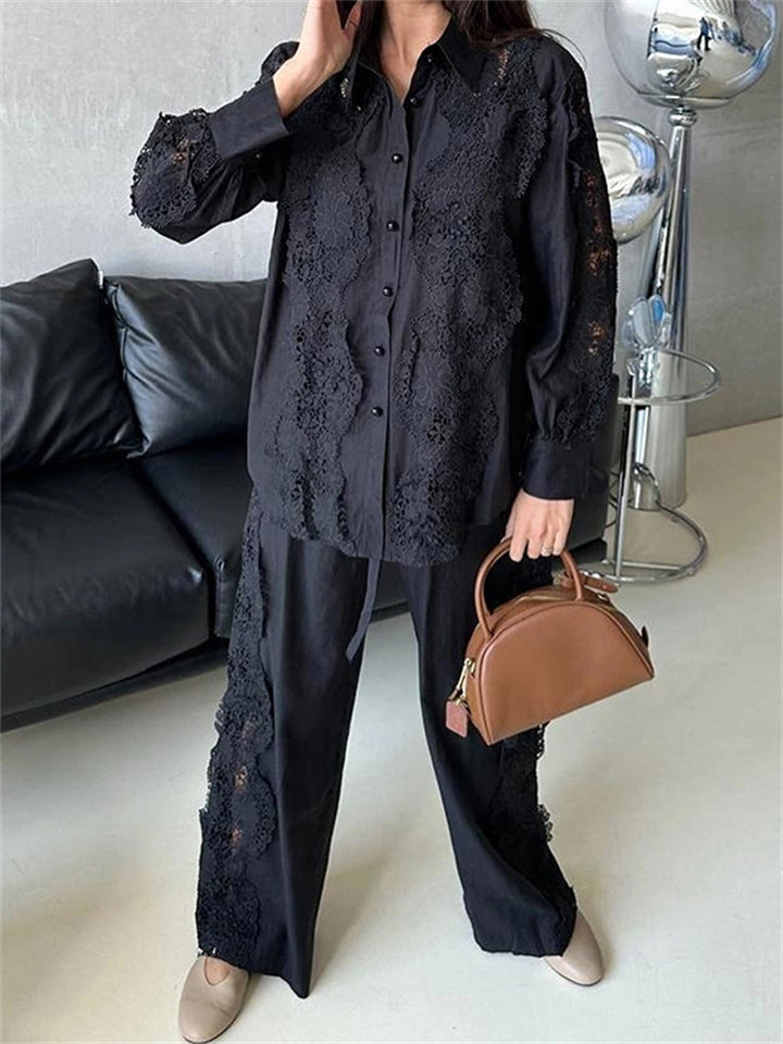 French Style Long Sleeve Elegant Women's Fashion Black Lace Set