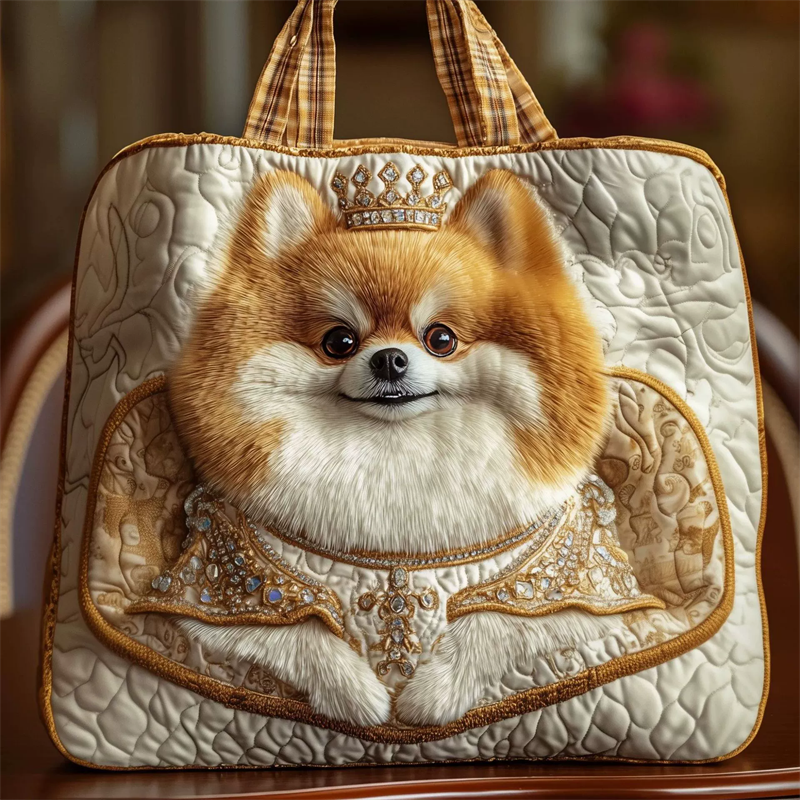 Crowned Pomeranian Dog Print Quilted Tote Bag for Women‌