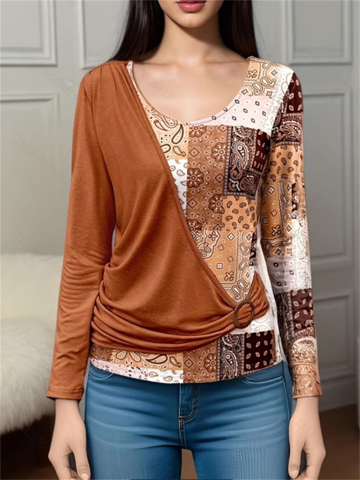 Women's Casual Contrast Color Patchwork Round Neck T-Shirt