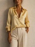 Womens Striped Glossy Button Down Long Sleeve Blouse