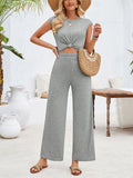 Stylish Hem Knot Design Round Neck Cap Sleeve Jumpsuit for Lady