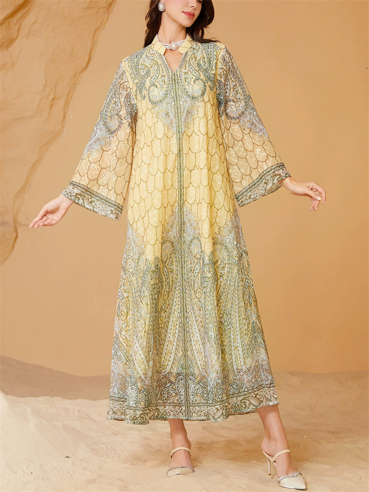 Women's Yellow Elegant Embroidery Beads Round Neck Muslim Robe Dress