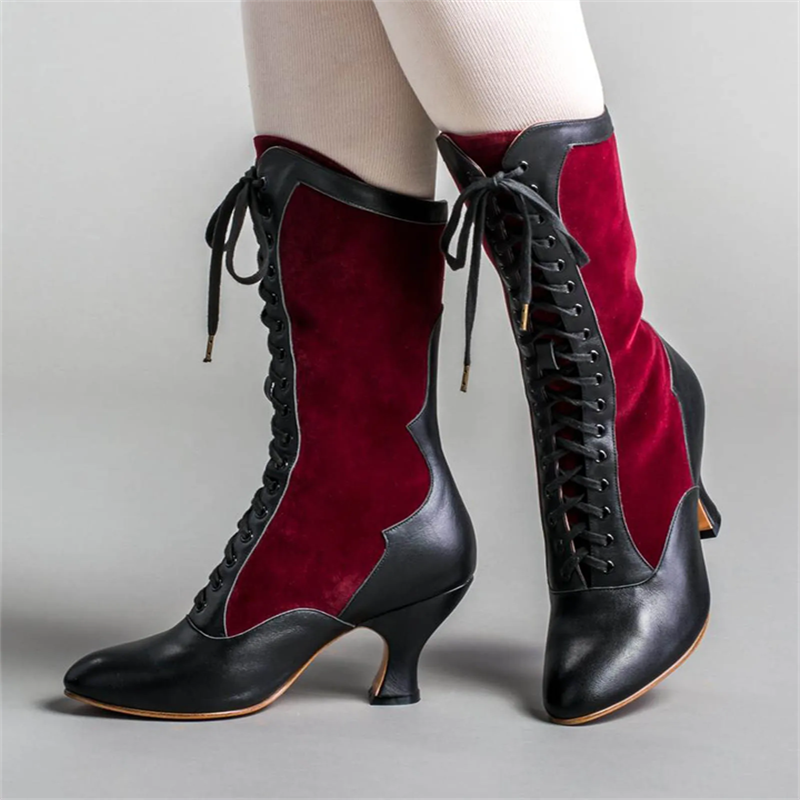 Women's Contrast Color Lace Up Pointed Toe Boots