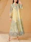Women's Yellow Elegant Embroidery Beads Round Neck Muslim Robe Dress