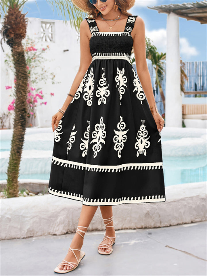 Women's Holiday Style Contrast Color Print Square Strap Dress