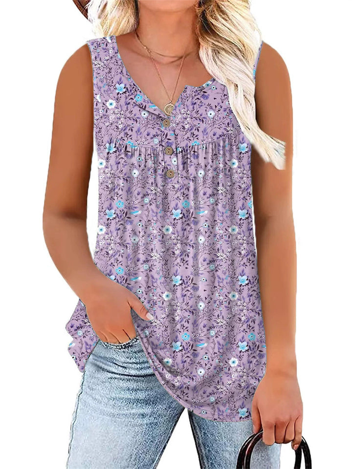 Plus Size Women's Summer Floral Printed Round Neck Sleeveless Shirts