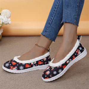 Women's Christmas Santa Claus Candy Print Furry Flat Loafers