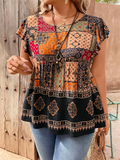 Plus Size Women's Summer Contrast Color Printed Round Neck Shirt