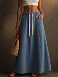 Women High Waist Drawstring A Line Denim Maxi Skirt