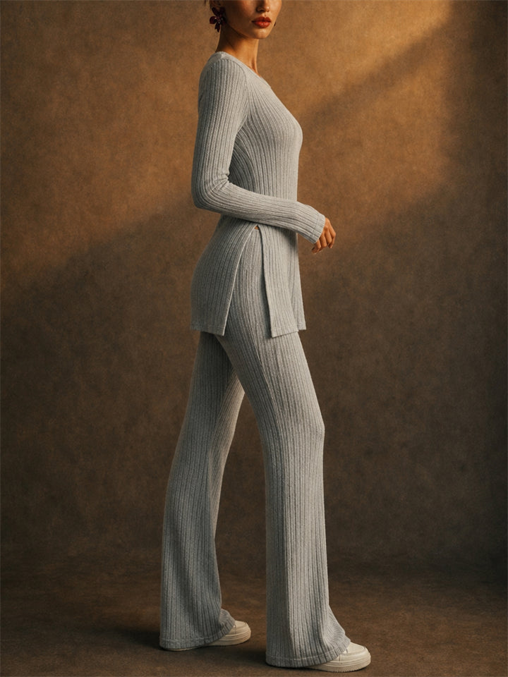 Women Ribbed Knit 2 Piece Lounge Long Sleeve Top and Flare Pants Set