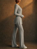 Women Ribbed Knit 2 Piece Lounge Long Sleeve Top and Flare Pants Set