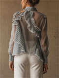 Women Blue Striped Asymmetric Ruffle Sheer Mock Neck Blouses