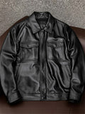 Men's Vintage Faux Leather Zip Up Fleece Lined Lapel Jackets