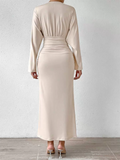 Women's Elegant Solid Color V Neck Long Sleeve Maxi Dress